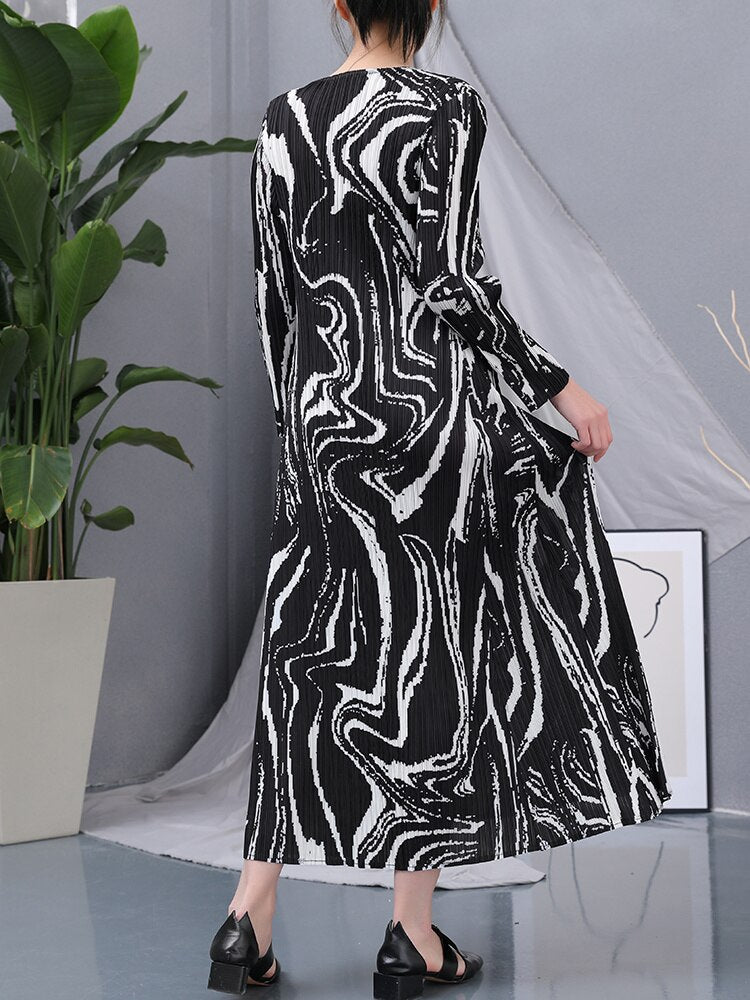 Spring New Pleated Print Dress For Women Zebra Pattern O-neck Long Sleeve Loose Dresses Female Fashion Clothing 15GB48