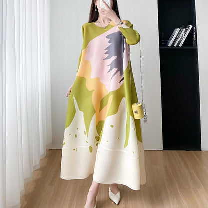 Women Print Pleated A Line O Neck Dress Long Versatile Loose Casual Spring Summer