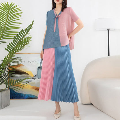 Pleated Suit Women's Fashion Two-piece Summer New Color Bump Loose Large Yard Tops Elastic Waist Wide Leg Pants