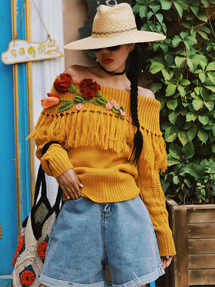 Vintage Ethnic Style Handmade Crochet Large Lapel Pullover Knitted Sweater For Lady Autumn