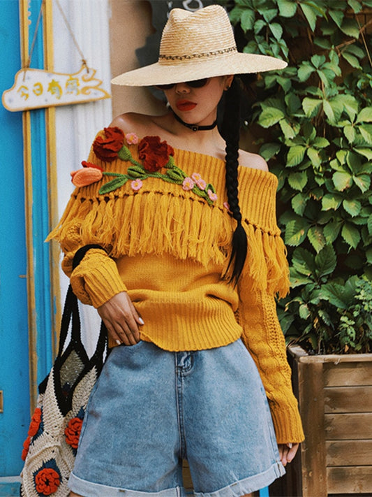 Vintage Ethnic Style Handmade Crochet Large Lapel Pullover Knitted Sweater For Lady Autumn