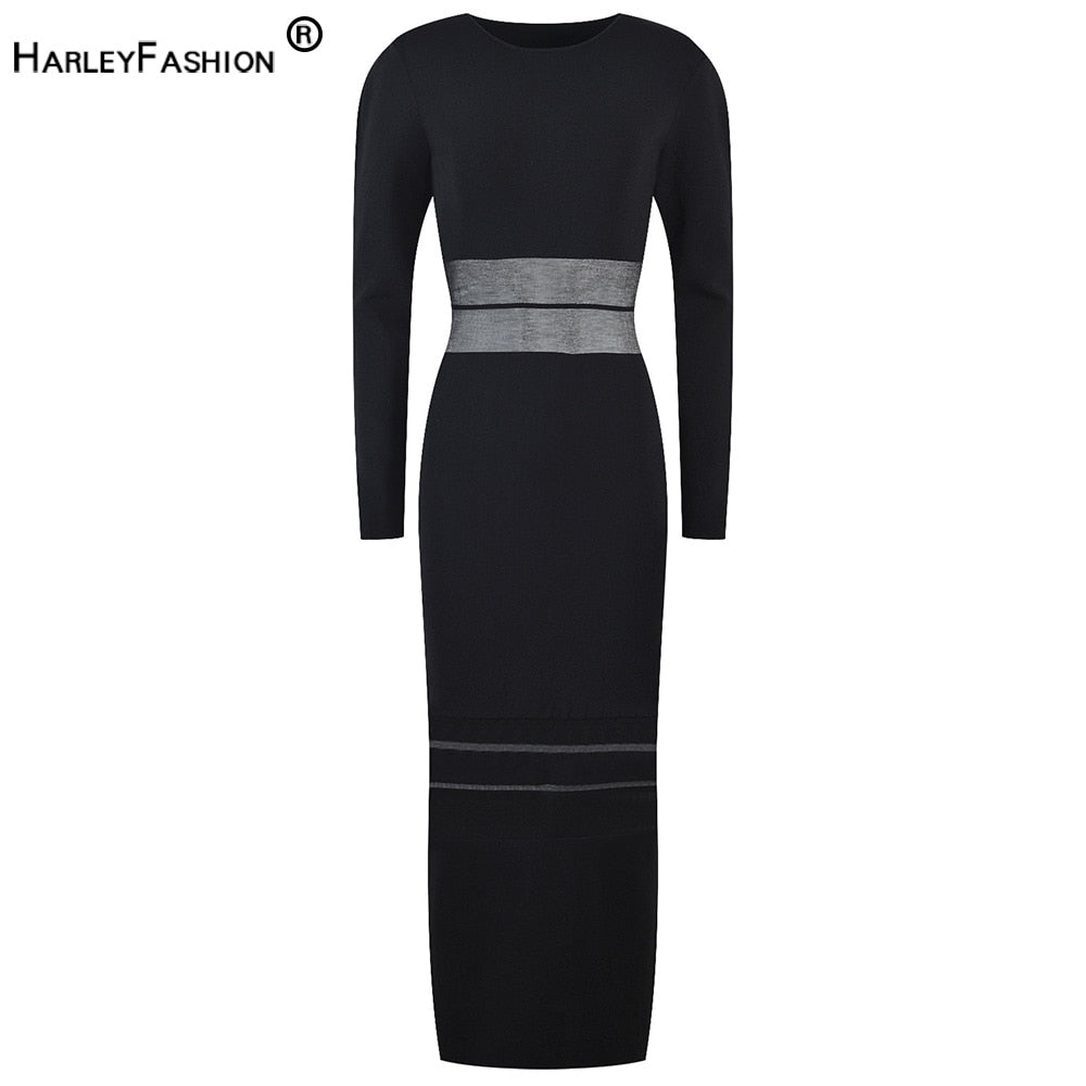 Women Classic Black Long Sheather Mesh Patchwork Dress O-neck See-through Knitted Quality Party Dresses