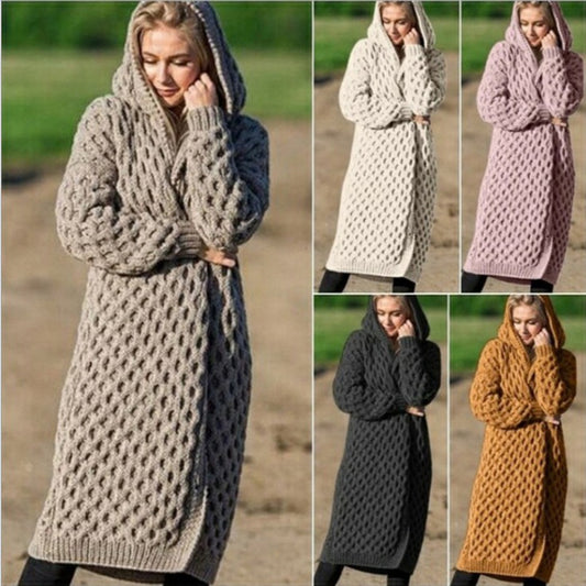 Autumn and Winter Warm New Solid Color Women's Long Knitted Sweater Hooded Cardigan Coat