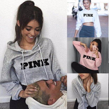 Women Oversized Hoodies Jumper Sweatshirt Female Pink Cropped Top