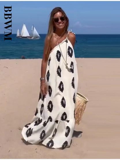 Print Asymmetrical Dress Women Casual Midi Dress 2023 Woman Beach Vintage Backless Summer Loose Dress Chic Female Dresses