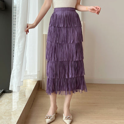 Summer New Retro Style Fringe Women's Half Skirt Miyake Pleated Loose Fashion Elastic Waist Pure Color Pleated Skirt