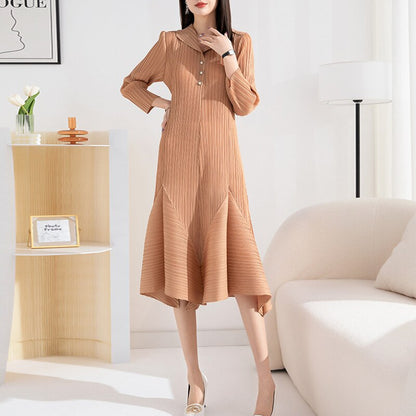 LANMREM Casual Pleated Dress For Women Lapel Long Sleeves Beading A-line Dresses High End Female Clothing  New YAa541