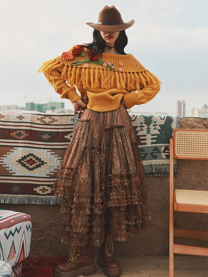 Vintage Ethnic Style Handmade Crochet Large Lapel Pullover Knitted Sweater For Lady Autumn