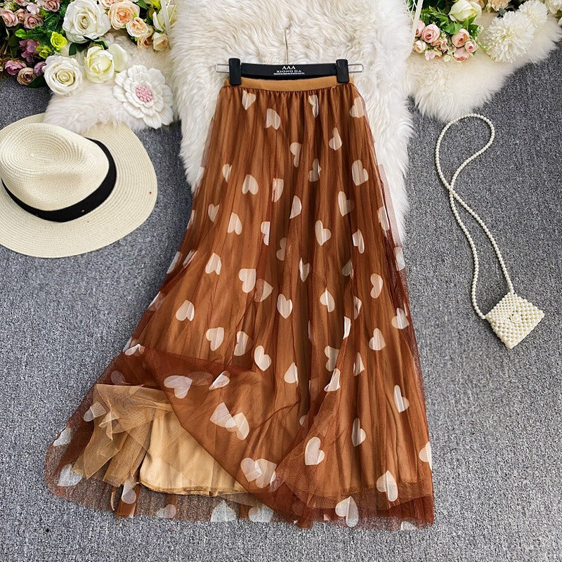 Elastic Waist Peach Heart Love Printed Mesh Pleated Skirt High Waist A-Line Large Swing Yarn Skirt Mid Length Half Length Skirt