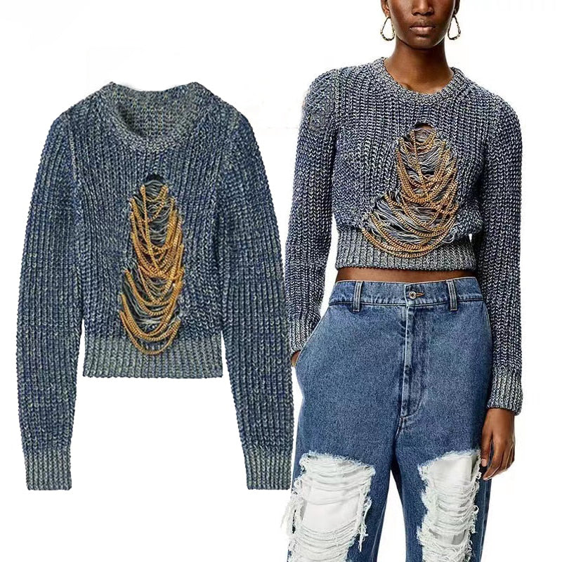 New Minority Design Casual Loose Hollow Chain Pullover Knitted Sweater Vest For Women