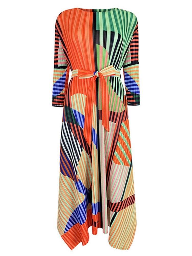 Woman Pleated Dress Color Block Print With Sashes Elegant Asymmetrical Midi Dresses Casual Summer Fashion