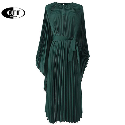 OFF designer loose oversized solid O-neck elegant party evening Pleated dress summer holiday beach chic casual luxury robe femme