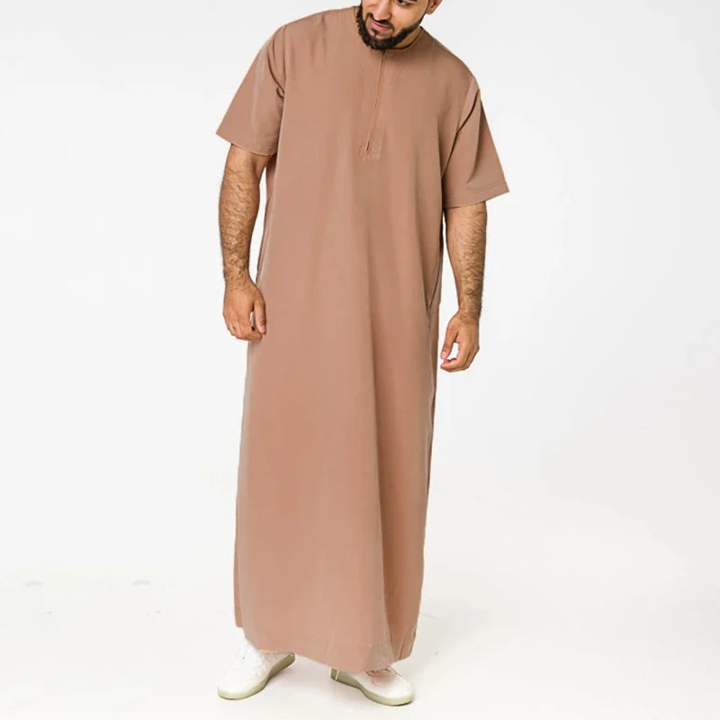 INCERUN Men Muslim Kaftan Short Sleeve Solid O Neck Jubba Thobe Abaya Middle East Dubai Saudi Arabia Islamic Mens Robes S-5XL