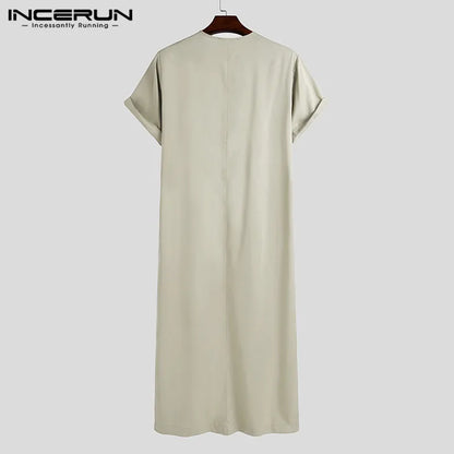 INCERUN Men Muslim Kaftan Short Sleeve Solid O Neck Jubba Thobe Abaya Middle East Dubai Saudi Arabia Islamic Mens Robes S-5XL