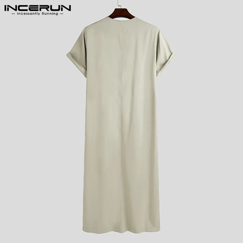 INCERUN Men Muslim Kaftan Short Sleeve Solid O Neck Jubba Thobe Abaya Middle East Dubai Saudi Arabia Islamic Mens Robes S-5XL