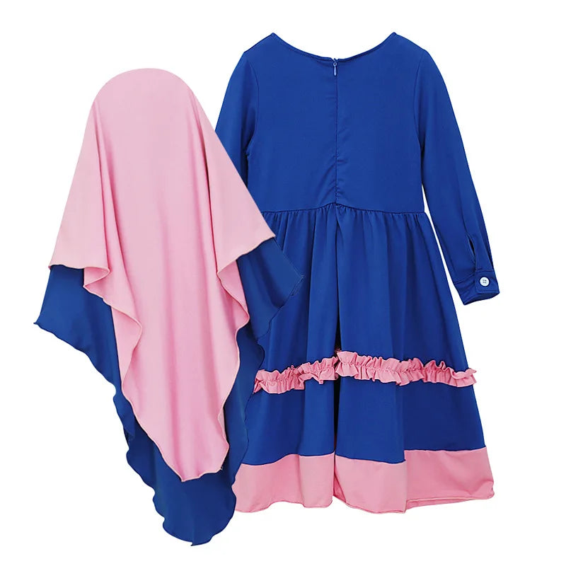 Eid Arabic Robe 2 Piece Kids Girls Khimar Caftan Set Muslim Outfits Islam Clothing Burqa Abaya Scarf Kaftan Prayer Dress Garment