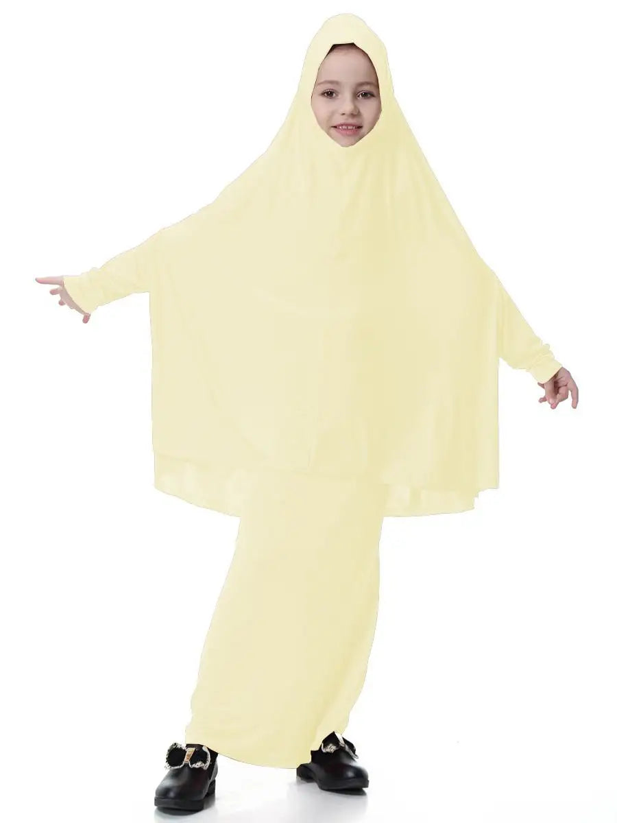 Muslim Kids Girls Dress Two Pieces Set Abaya Hijab Scarf Skirt Islamic Clothing Arab Prayer Kaftan Robe Eid Ramadan Khimar Burqa