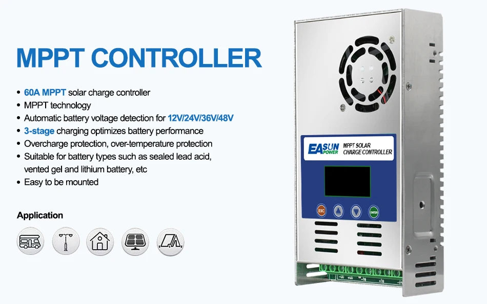 EASUN POWER 60A MPPT Solar Charge and Discharge Controller 12V 24V 36V 48VAuto for Max PV 190VDC Lead Acid Lithium Battery