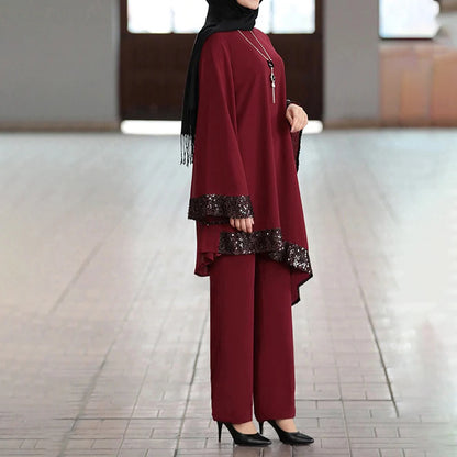 Set Woman 2 Pieces Winter Muslim Fashion Abaya Hijab Dress Women Kaftan With Sequins Islamic Clothing Abaya Set With Pants Browm