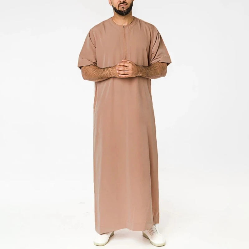 INCERUN Men Muslim Kaftan Short Sleeve Solid O Neck Jubba Thobe Abaya Middle East Dubai Saudi Arabia Islamic Mens Robes S-5XL