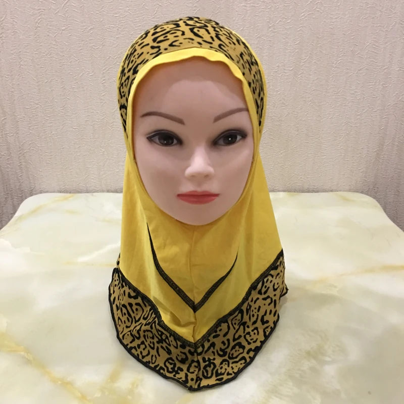 H083 beautiful small girl hijab with lepoard print  cute hijab hats women's caps islamic clothing can fit 2-5 years old girls