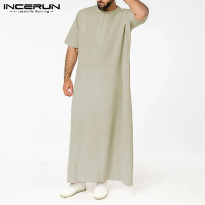 INCERUN Men Muslim Kaftan Short Sleeve Solid O Neck Jubba Thobe Abaya Middle East Dubai Saudi Arabia Islamic Mens Robes S-5XL