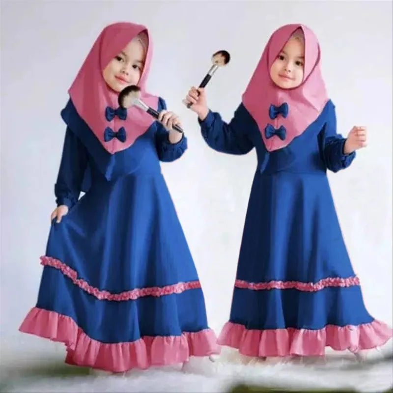 Eid Arabic Robe 2 Piece Kids Girls Khimar Caftan Set Muslim Outfits Islam Clothing Burqa Abaya Scarf Kaftan Prayer Dress Garment