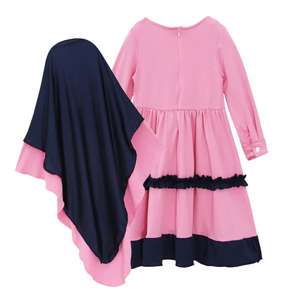 Eid Arabic Robe 2 Piece Kids Girls Khimar Caftan Set Muslim Outfits Islam Clothing Burqa Abaya Scarf Kaftan Prayer Dress Garment