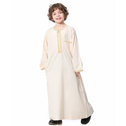 Muslim Boys Robe Embroidered Long Sleeve Dress Gown Saudi Arabia Abaya Kaftan Jubba Thobe Islamic Clothes Eid Djellaba Ramadan