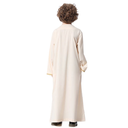 Muslim Boys Robe Embroidered Long Sleeve Dress Gown Saudi Arabia Abaya Kaftan Jubba Thobe Islamic Clothes Eid Djellaba Ramadan