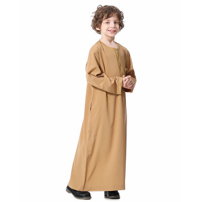 Muslim Boys Robe Embroidered Long Sleeve Dress Gown Saudi Arabia Abaya Kaftan Jubba Thobe Islamic Clothes Eid Djellaba Ramadan