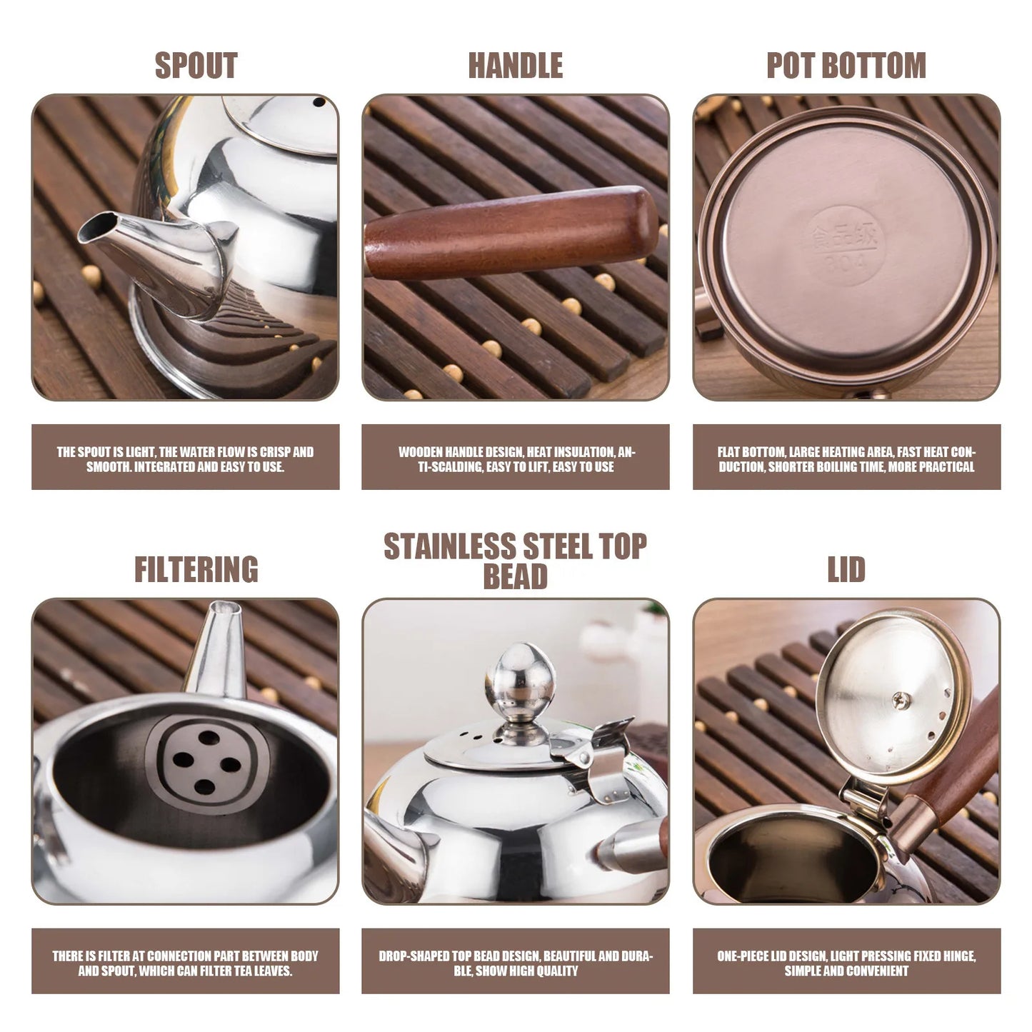 304 Stainless Steel Gongfu Tea Kettle With Induction Cooker Flat Bottom Pot Is Suitable For Brewing Hot Coffee Tea