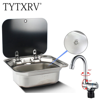 TYTXRV Caravan Accessories RV Sink Stainless Steel Hand Wash Basin Sink with Folded Fauce for RV Caravan Boat Kitchen