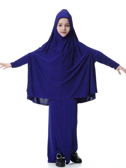 Muslim Kids Girls Dress Two Pieces Set Abaya Hijab Scarf Skirt Islamic Clothing Arab Prayer Kaftan Robe Eid Ramadan Khimar Burqa