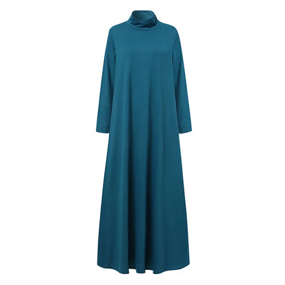 S-5XL Vintage Solid Muslim Dress WomenTurtleneck One-piece Sundress Casual Long Sleeve Maxi Vestidos Female Autumn Robe