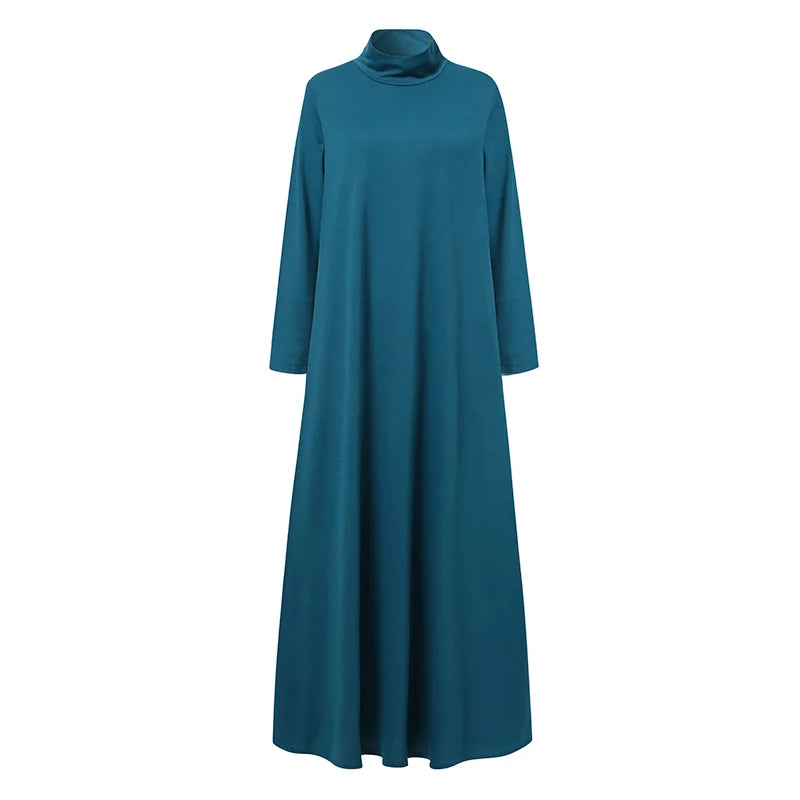 S-5XL Vintage Solid Muslim Dress WomenTurtleneck One-piece Sundress Casual Long Sleeve Maxi Vestidos Female Autumn Robe