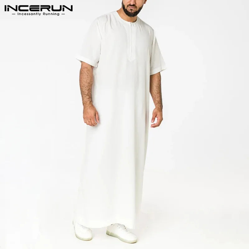 INCERUN Men Muslim Kaftan Short Sleeve Solid O Neck Jubba Thobe Abaya Middle East Dubai Saudi Arabia Islamic Mens Robes S-5XL