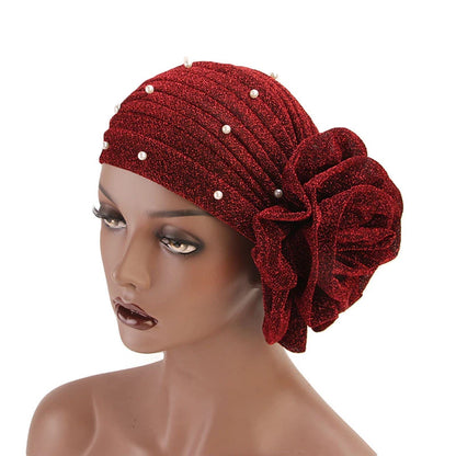 Summer Beading Flower Women's Turban Caps Stretchy Female Headwrap Bonnet Cancer Headwear Muslim Turban Hijabs Islamic Headscarf