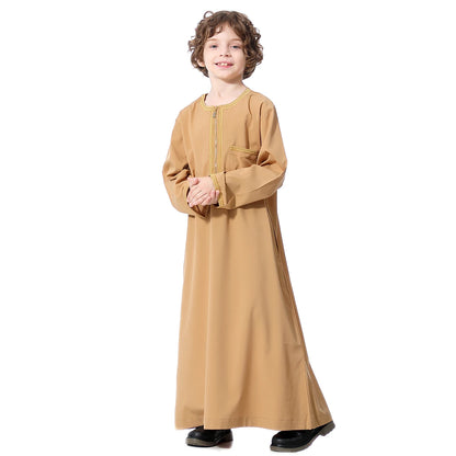 Muslim Boys Robe Embroidered Long Sleeve Dress Gown Saudi Arabia Abaya Kaftan Jubba Thobe Islamic Clothes Eid Djellaba Ramadan