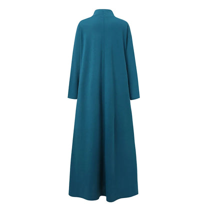 S-5XL Vintage Solid Muslim Dress WomenTurtleneck One-piece Sundress Casual Long Sleeve Maxi Vestidos Female Autumn Robe