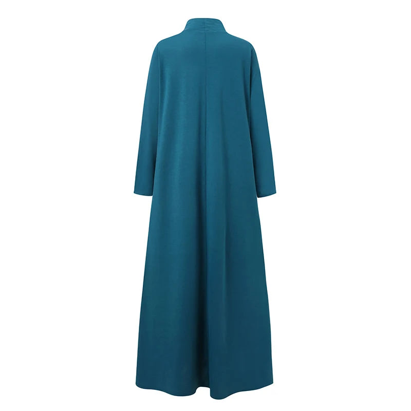 S-5XL Vintage Solid Muslim Dress WomenTurtleneck One-piece Sundress Casual Long Sleeve Maxi Vestidos Female Autumn Robe