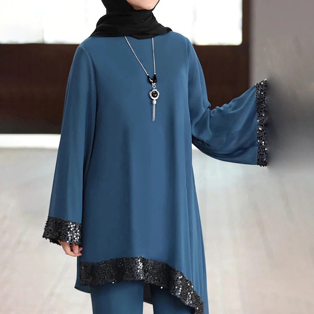 Set Woman 2 Pieces Winter Muslim Fashion Abaya Hijab Dress Women Kaftan With Sequins Islamic Clothing Abaya Set With Pants Browm