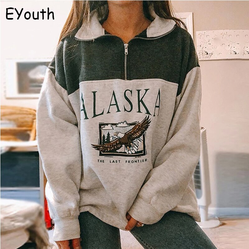 Fashion women's cotton Stand collar half zipper letter printing long sleeve sweatshirts Vintage Grey casual loose sweatshirt