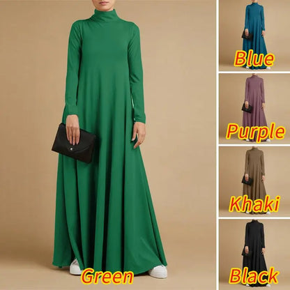 S-5XL Vintage Solid Muslim Dress WomenTurtleneck One-piece Sundress Casual Long Sleeve Maxi Vestidos Female Autumn Robe