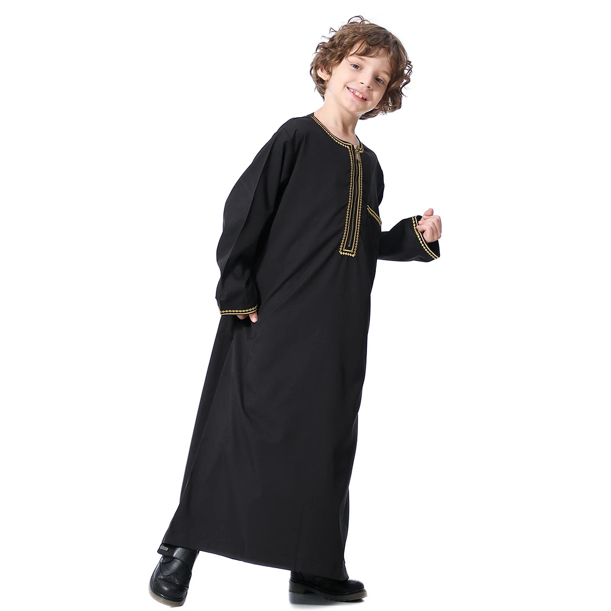 Muslim Boys Robe Embroidered Long Sleeve Dress Gown Saudi Arabia Abaya Kaftan Jubba Thobe Islamic Clothes Eid Djellaba Ramadan