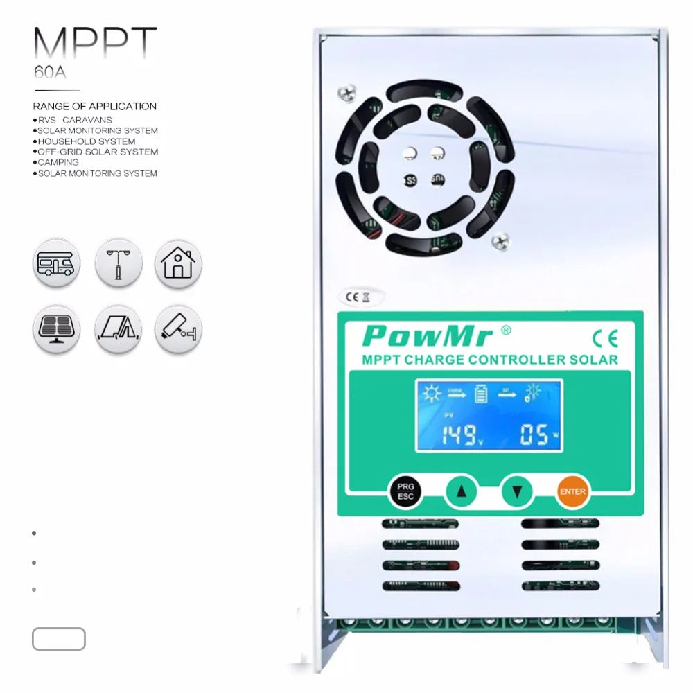 PowMr MPPT 60A Solar Charge Controller Solar Panel Regulator 12V 24V 36V 48V Auto Max PV 190VDC For Lead Acid Lithium Battery