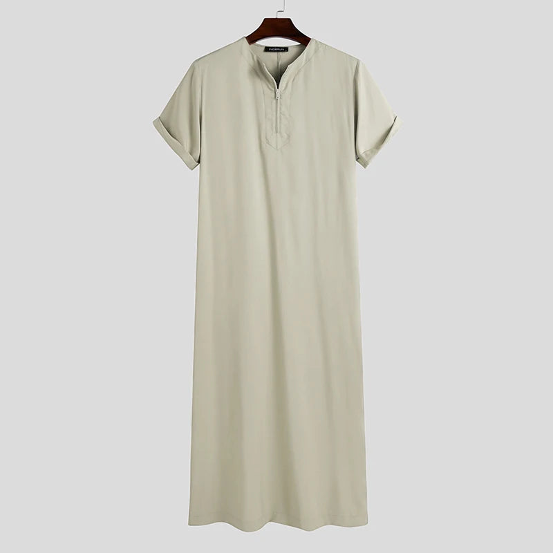 INCERUN Men Muslim Kaftan Short Sleeve Solid O Neck Jubba Thobe Abaya Middle East Dubai Saudi Arabia Islamic Mens Robes S-5XL