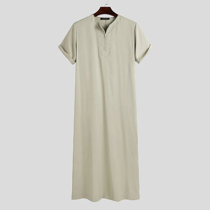 INCERUN Men Muslim Kaftan Short Sleeve Solid O Neck Jubba Thobe Abaya Middle East Dubai Saudi Arabia Islamic Mens Robes S-5XL