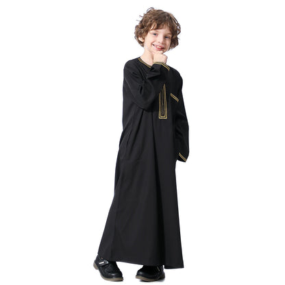 Muslim Boys Robe Embroidered Long Sleeve Dress Gown Saudi Arabia Abaya Kaftan Jubba Thobe Islamic Clothes Eid Djellaba Ramadan