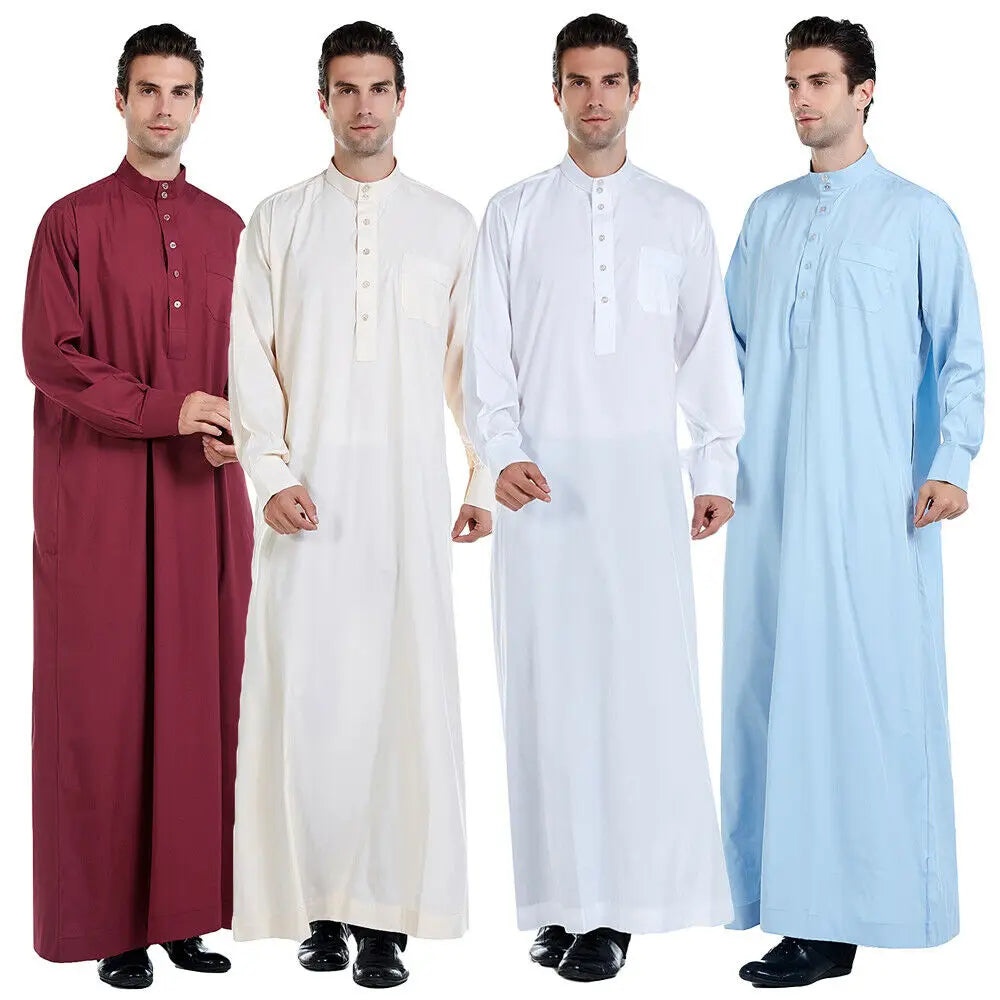 Mens Robe Long Sleeve Saudi Abaya Arabic Thobe Jubba Thoub Dubai Daffah Kaftan Middle East Islam Thawb Jubba Muslim Dress Caftan